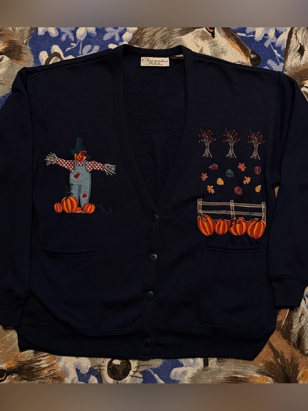 Christopher & Banks Navy Cardigan Sweater with Pumpkin & Scarecrow Embroidery